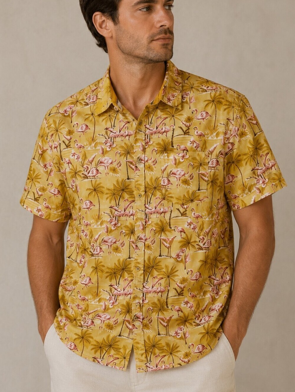 DITCH PLAINS Flamingo Hawaiian Tropical Button Down Short Sleeve Tiki Shirt